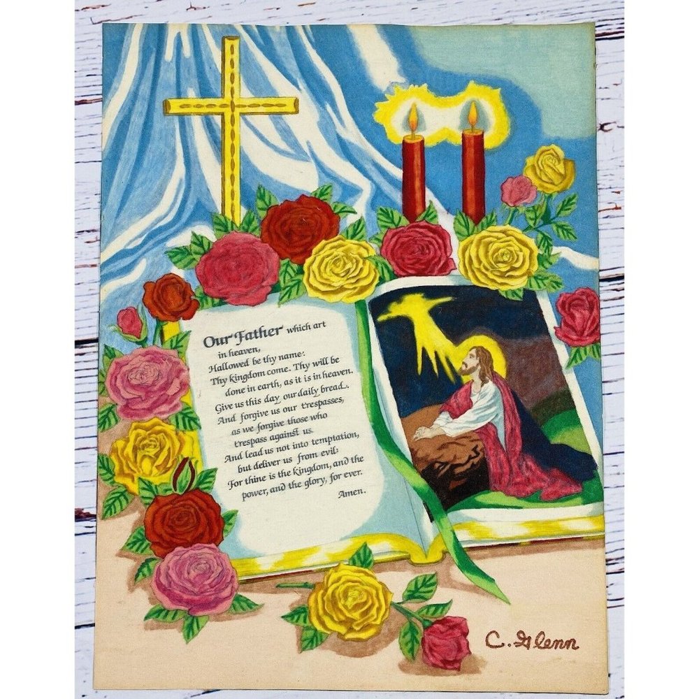 Vintage Our Father Religious Prayer Jesus Cross Felt Drawing Painting Color 16”